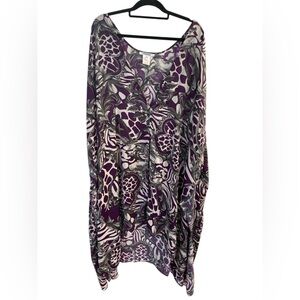 Boho Caftan Maxi Dress Purple Floral Animal Print Plus One Size Flowing Resort